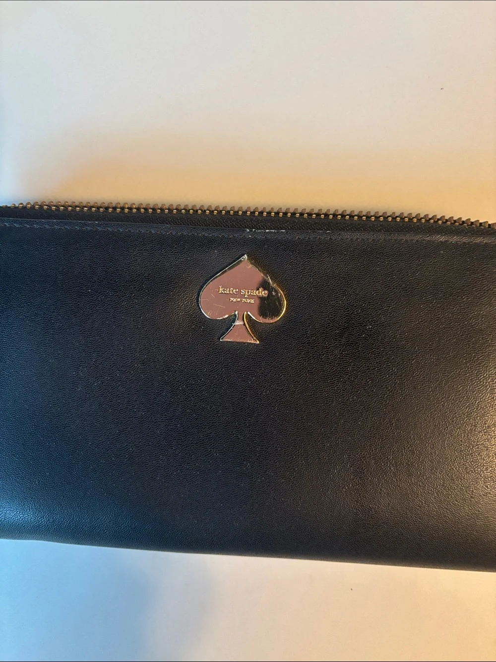 kate spade Black Leather Zip Around Wallet with Gold Spade Heart Logo